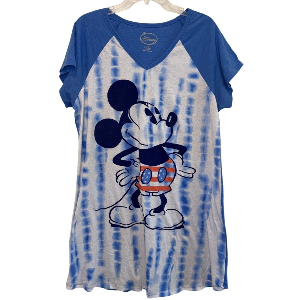 Disney‎ T-Shirt Womens L-XL Mickey Mouse Blue Tie-Dye Raglan Patriotic V-Neck